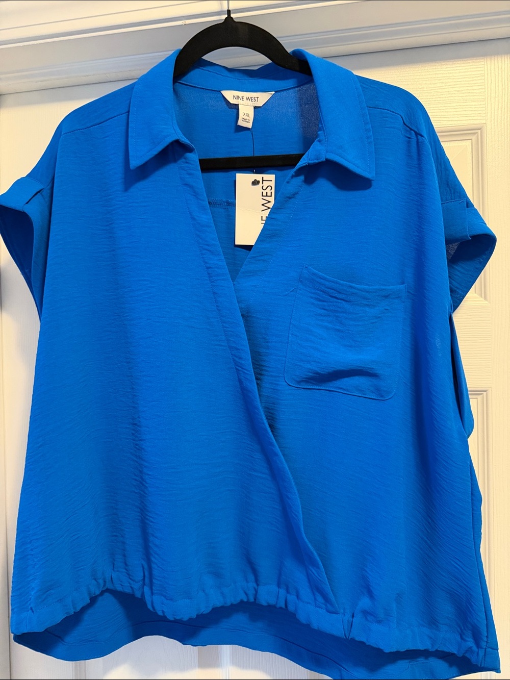 Nine West Royal Blue Short-Sleeve V-Neck Collared Blouse
